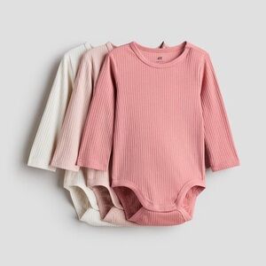 H&M Ribbed Long Sleeve Baby Bodysuit Set - Pink, Cream, and White